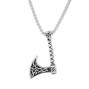 Yunnique – collier avec pendentif hache viking en acier inoxydable, bijoux à la mode pour hommes, cadeau, design à long manche, couleur acier, chaîne de 3mm, 60cm - Product Image 5