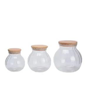 La migliore vendita a buon mercato barattoli di vetro trasparente a forma di palla rotonda barattolo di vetro resistente al calore con coperchio in legno di bambù di sughero