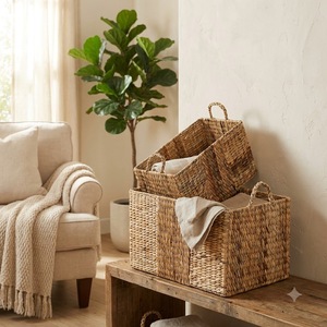 Natural Water Hyacinth Woven <b>Basket</b> <b>Rectangular</b> Closet Shelf Organizer <b>Storage</b> Bin with Handles Factory Price - Product Image 1