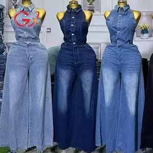 GX13390 Abbigliamento Femminile alla Moda, <span class=keywords><strong>Jeans</strong></span> Senza Maniche con Collo all'Americana, Gamba Larga, Elegante <span class=keywords><strong>Tuta</strong></span> in Denim per Donna - Product Image 1