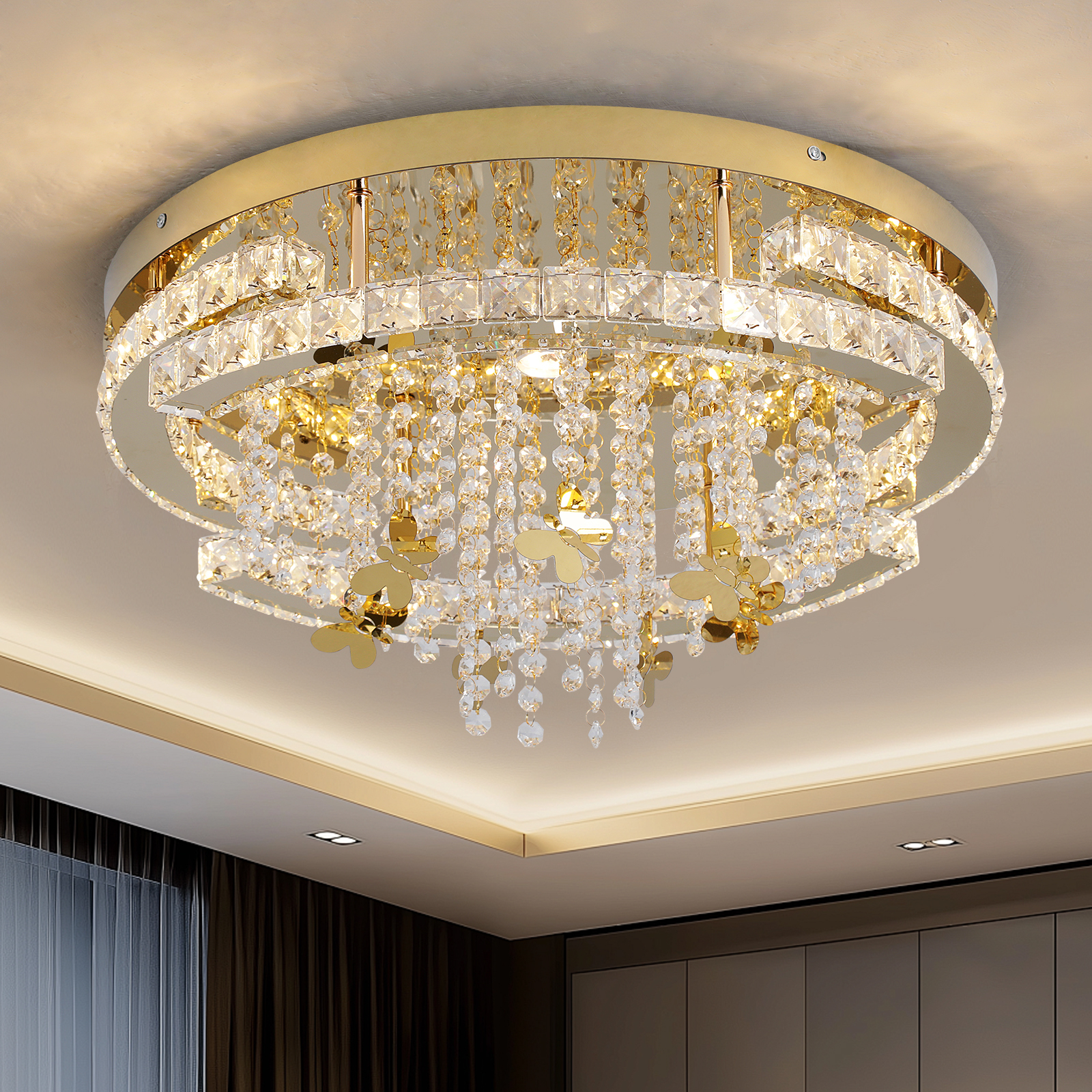 In Stock Modern Elegant Stainless Steel LED Double Layer Crystal Ceiling 6000K Daylight for Villa Apartment Hotel