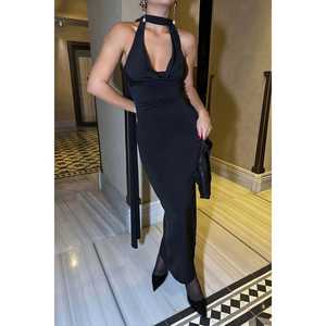 Robe de bal de luxe noire pour femme, taille XL, taille empire, décoration en strass, coupe trapèze droite, pour soirée formelle - Product Image 2