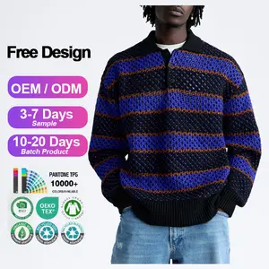 Suéter de malha tipo jacquard listrado para homens, suéter de marca de malha POLO de manga longa para homens, logotipo personalizado, OEM e ODM