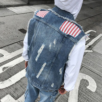 100% coton hommes Denim Jeans veste gilet à capuche Patchwork en détresse Denim gilet