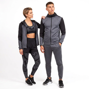 Survêtement unisexe gris à capuche en polaire, manches longues, fermeture éclair, vêtements de sport, poches latérales, séchage rapide, polyester, coupe ajustée, vêtements d'hiver pour adultes - Product Image 5