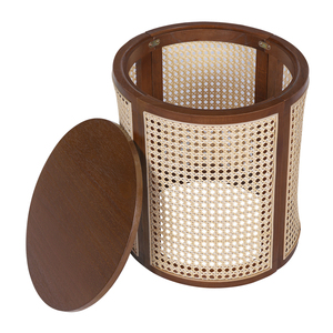 Round End Table Hollow Woven Rattan Wood Top Small Side Table For Living Room - Product Image 4