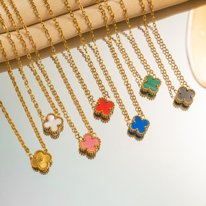 <span class=keywords><strong>Collier</strong></span> trèfle à quatre feuilles porte-bonheur plaqué or 18 carats de 9 mm pour femme, design double face, tendance luxe léger, en acier titane pour clavicule - Product Image 1