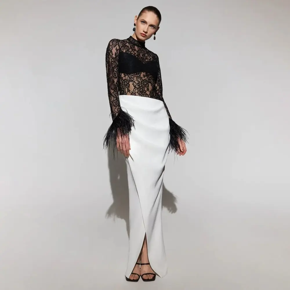 Newest Women Long Sleeves Maxi Gown Lace Black And White Sexy Long Party Dress