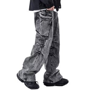 Pantalones Vaqueros Anchos de Estilo Americano para Hombre, Lavado a la Piedra, Multibolsillos, Cintura Media, Pierna Recta y Holgada, para Comercio Exterior - Product Image 2