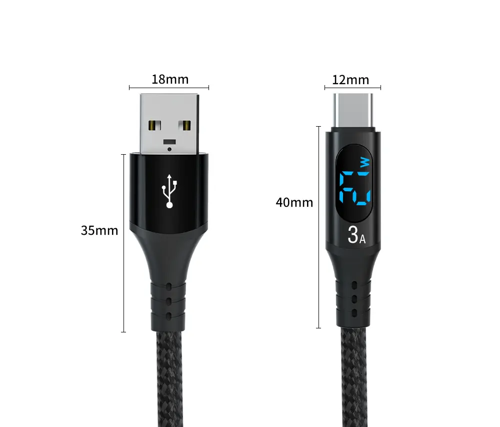 Cable DE DATOS USB A a USB C al mejor precio Cable de carga rápida QC trenzado con pantalla digital de última generación