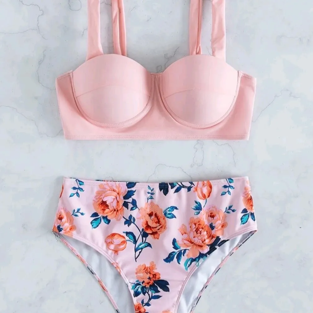 Bikini Bandeau de dos piezas con estampado Floral para mujer, traje de baño de dos piezas con realce, cintura alta