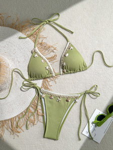 Conjunto de bikini de 2 piezas acanalado para mujer, con espalda descubierta, halter y lazos laterales, de secado rápido, transpirable, para verano y playa - Product Image 5
