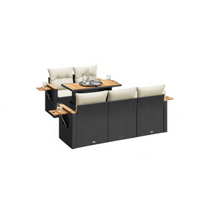 Modular <b>Black</b> Poly Rattan Garden <b>Sofa</b> Set With Teak Wood <b>Table</b> Outdoor Furniture For Garden Seating 6 Person Contemporary Design - Product Image 1