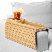 Plateau d'accoudoir de canapé pliable antidérapant en bambou avec porte-gobelet pour salon, design moderne, rangement pour téléphone portable et collations