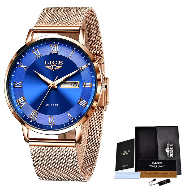 Lichte Mode Quartz Man Horloge Bedrijf Waterdichte Roestvrijstalen Mesh Riem Horloges Voor Heren Lichtgevende Datum Week Klokken + Doos