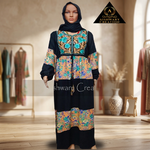 Robe Abaya en coton imprimé à manches longues pour femmes, col brodé, Jalabiya pour le Ramadan avec hijab assorti, vente en gros - Product Image 3