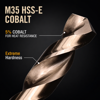 Lot de 5 forets hélicoïdaux à queue droite en cobalt HSS-Co M35 de 12,5 mm pour le perçage de l'acier inoxydable