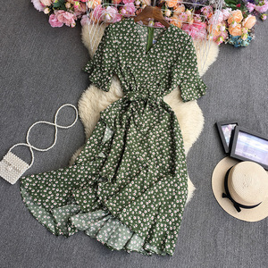 Tunique à manches courtes robe imprimée femmes décontracté col en v robe florale été taille haute jupe longue - Product Image 1