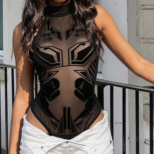 Body en résille transparente style punk sombre, imprimé floqué, col rond, sans manches, pour femme, idéal pour les soirées en boîte de nuit - Product Image 3