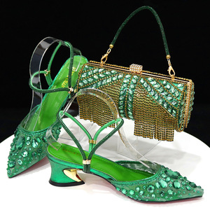 Women's <b>pointed</b>-<b>toe</b> strappy sandals, lace-up diamond-studded low-heeled shoes + round tube fringed handbag - Product Image 1