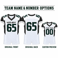 Maillot de football américain personnalisé pour homme, blanc et vert foncé, 100 % polyester, maille, manches courtes, uniforme de match, nom et numéro de l'équipe, vente en gros
