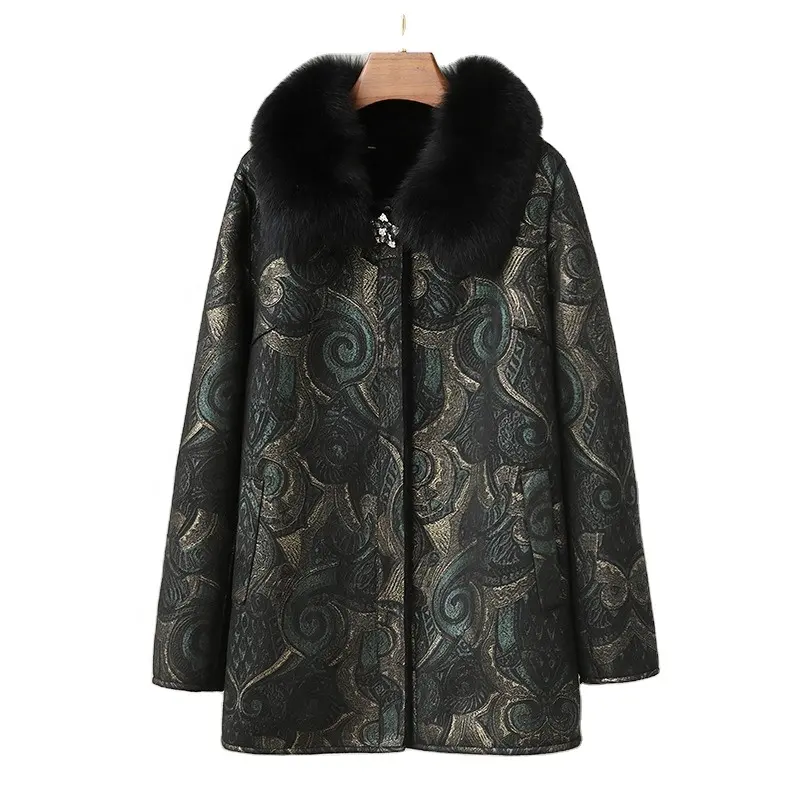 Casaco de inverno JT419 para mulheres, casaco de meia comprida com gola de pele de raposa para mulheres, casaco quente com estampa de ovelha e meia-comprimento