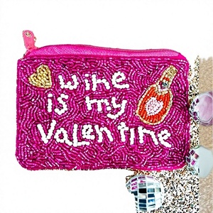 Monedero de cuentas hecho a mano con cremallera, grande, con la frase 'Vino es mi San Valentín', para regalos de cartera - Product Image 1