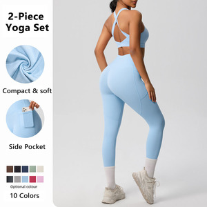 Conjunto de Yoga de 2 Piezas Sin Costuras Para Mujer Tallas S-XL de Gran Venta Sujetador Deportivo Transpirable con Espalda Cruzada y Pantalones Ligeros de Cintura Alta con Bolsillo - Product Image 2