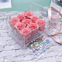 Coffret de bijoux en acrylique carré fait main personnalisé avec rose éternelle - Cadeaux élégants pour la Saint-Valentin, le Nouvel An