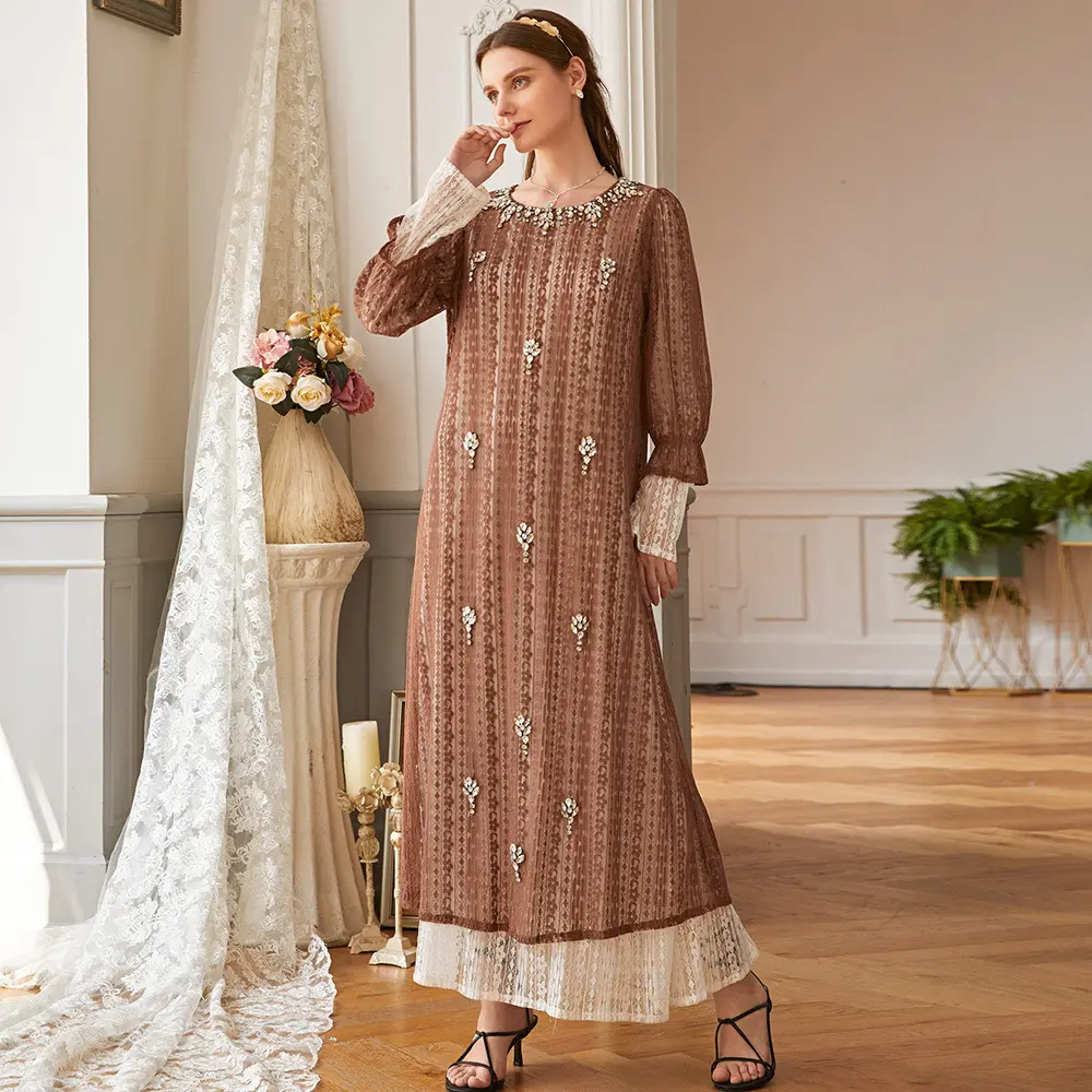 Eid Abaya Kaftan Caftan Arab Jalabiya Dubai Mode Schwerindustrie Strass Spitze Langes Kleid Indonesien Naher Osten Abaya Frauen
