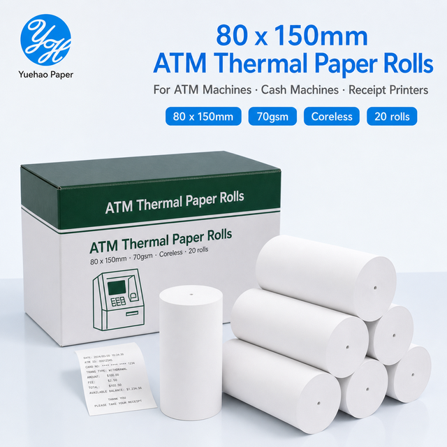 Receipt Paper Rolls 80mm ATM Thermal Paper Roll 80x150mm 70gsm Coreless for ATM Printers Factory Direct