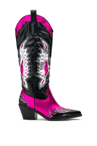 Nieuwe Luxe Naaien Bloemen Western Cowgirl Laarzen Voor Vrouwen Glanzend Metallic Cowboy Mujer Dames Borduurwerk Knie Hoge Schoenen 44