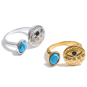 JINYOU 5674 Nuovo Anello alla Moda Placcato Oro 18K PVD in Acciaio Inossidabile Regolabile <span class=keywords><strong>con</strong></span> Pietra Naturale <span class=keywords><strong>Turchese</strong></span> - Product Image 1