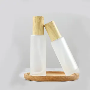 Tapa de madera de vidrio esmerilado, botella de loción con forma de cilindro para embalaje de emulsión, 30ml, 50ml, 100ml