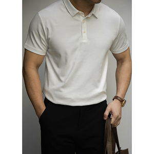 เสื้อโปโลถักผู้ชาย แขนสั้น สีพื้น ทรงเข้ารูป คอวี ปกธุรกิจ ลายถักแบบเคเบิ้ล สไตล์เทรนด์วัยรุ่น - Product Image 4