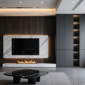 <span class=keywords><strong>Meuble</strong></span> <span class=keywords><strong>TV</strong></span> moderne minimaliste <span class=keywords><strong>et</strong></span> écologique réglable placage de bois marbre épissage <span class=keywords><strong>gris</strong></span> foncé <span class=keywords><strong>jaune</strong></span> chaud éclairage salon maison - Product Image 3