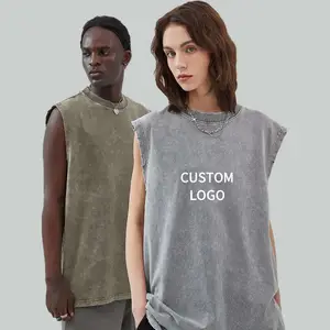 Maglietta oversize Vintage senza maniche con lavaggio acido senza maniche da uomo su misura da donna all'ingrosso in stile grigio lavato senza maniche t-Shirt Ves