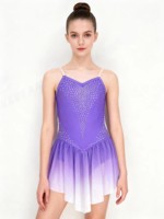 Robe de patinage artistique dégradé violet et blanc avec strass étincelants pour femmes, tenue de compétition et de performance