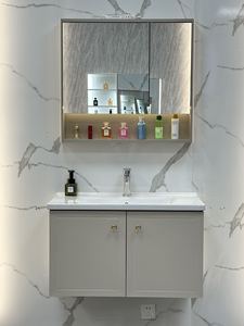 Meuble-lavabo mural minimaliste kaki, mobilier de salle de bain en acier inoxydable avec miroir semi-ouvert et lavabo en céramique sans joint - Product Image 2