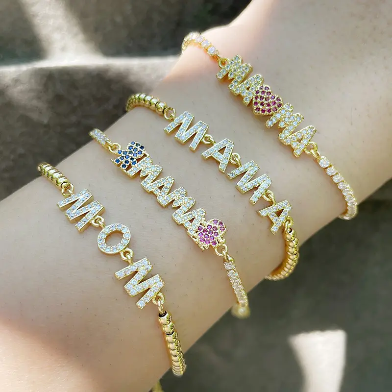 Bijoux de fête des mères, bracelets en perles d'or, pavé en laiton, cz maman, cadeaux pour femmes