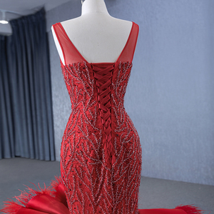 Robes de soirée en tulle rouge plissé à bretelles fines pour soirée élégante, robe de mariée ornée de perles de cristal pour femmes noires Rsm231143 - Product Image 3