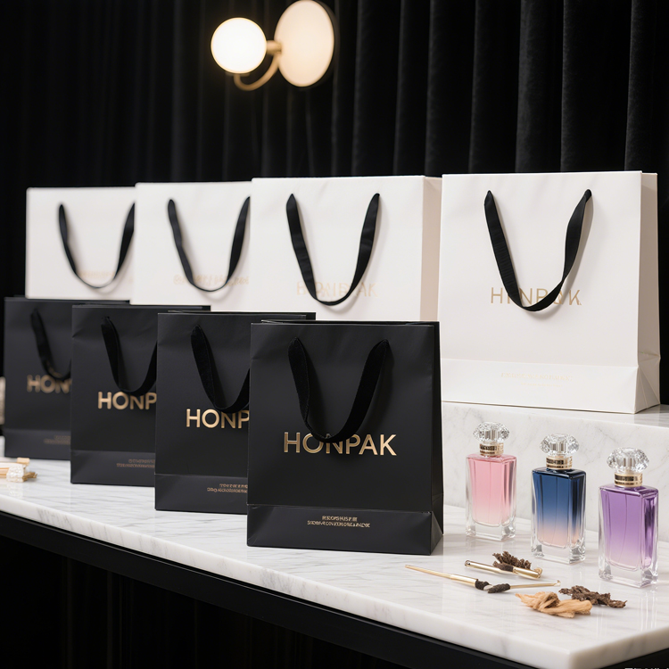 HONPAK Custom Retail Gift Bags Black Personalized Bag with logo Luxury Garment Clothing Package Shopping or Business logo Print