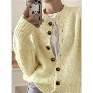 Crew Neck <b>Cardigan</b> Elfenbeinwei Metallic <b>Button</b> Women's Wear - Product Image 3