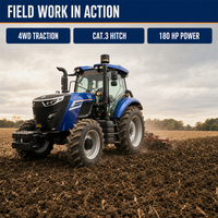 Tracteur agricole 180 CV 4x4 avec attelage rapide Cat.3, réservoir de carburant de 280 L, prise de force 760/850 pour le labour, le semis et l'herseage dans les sols pierreux et lourds