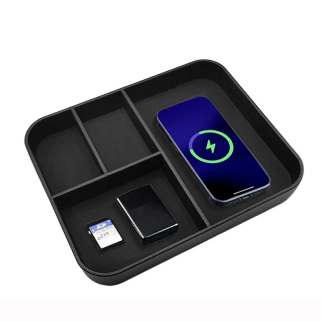 Hot Sale Handmade Classic Rectangle Desk Pu Leather Organizer Wireless Charger Keys Watch Wallet Jewelry Storage Home Decor