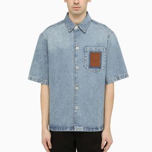 Chemise en jean bleu délavé surdimensionnée avec poche poitrine pour homme - Product Image 1