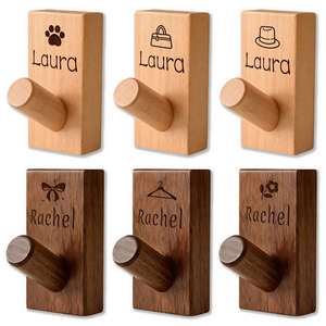 Personalized Engraved Name <b>Wood</b> Wall <b>Hooks</b> - Solid Walnut & Beech <b>Coat</b> Pegs - Custom Entryway Organizer - Gift for Housewarming - Product Image 1