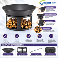 Brasero en métal noir avec base de rangement pour bois, support pour bûches et trou de drainage, pour extérieur, jardin, patio, brasero en fer