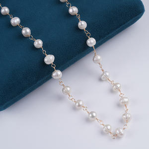 Natural White 9-10/10-11mm Freshwater <b>Pearl</b> Wrapped Bead Chain Semi-Finished DIY Necklace with <b>Loose</b> Pink Colored <b>Pearls</b> - Product Image 2