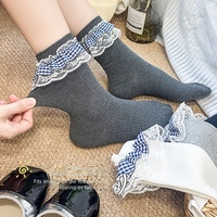 Chaussettes hautes en coton pour femme, longues, transparentes, à bordure en dentelle, couleur unie, mi-mollet, absorbant la transpiration, style japonais